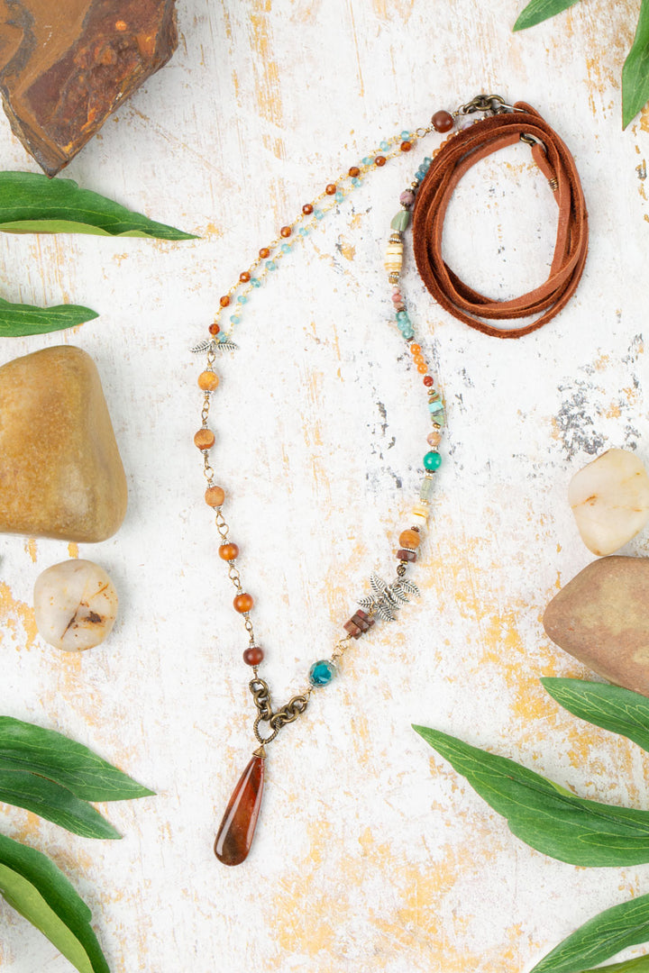 Earthen Carnelian, Czech Glass, Turquoise With Agate Pendant Collage Necklace