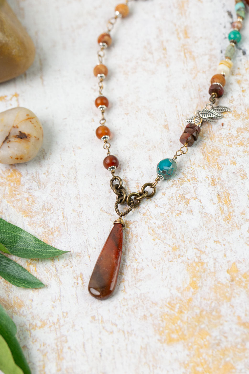 Earthen Carnelian, Czech Glass, Turquoise With Agate Pendant Collage Necklace