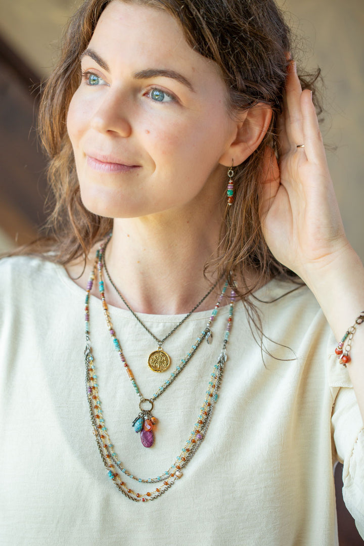 Earthen 16-18" Turquoise, Czech Glass, Spiny Oyster Cluster Necklace