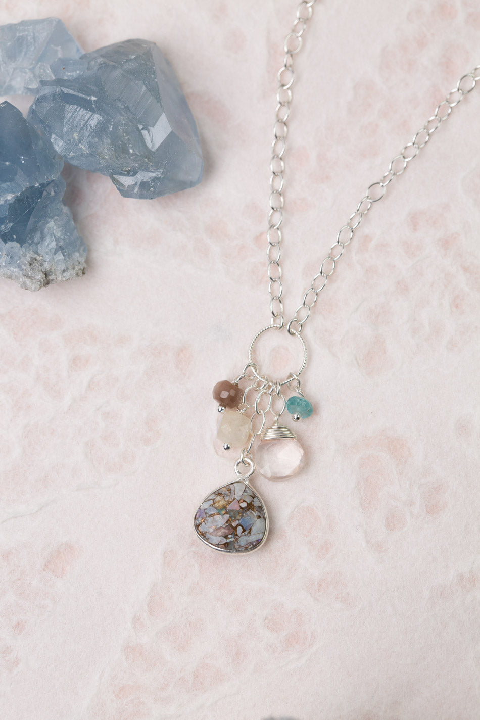 Fae 16.25-18.25" Aquamarine, Moonstone With Opal Mosaic Simple Necklace