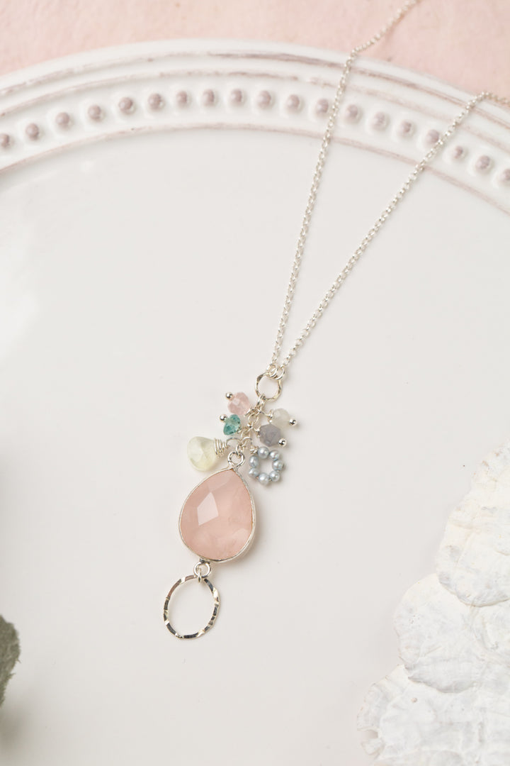 Fae 16-18" Faceted Teardrop Shape Rose Quartz With Blue Apatite, Iolite, Freshwater Pearl, And Prehnite Cluster Necklace