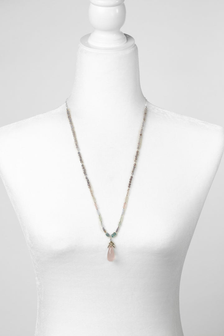 Fae 25.5-27.5" Aquamarine, Iolite, Blue Apatite With Rose Quartz Drop Briolette Statement Necklace