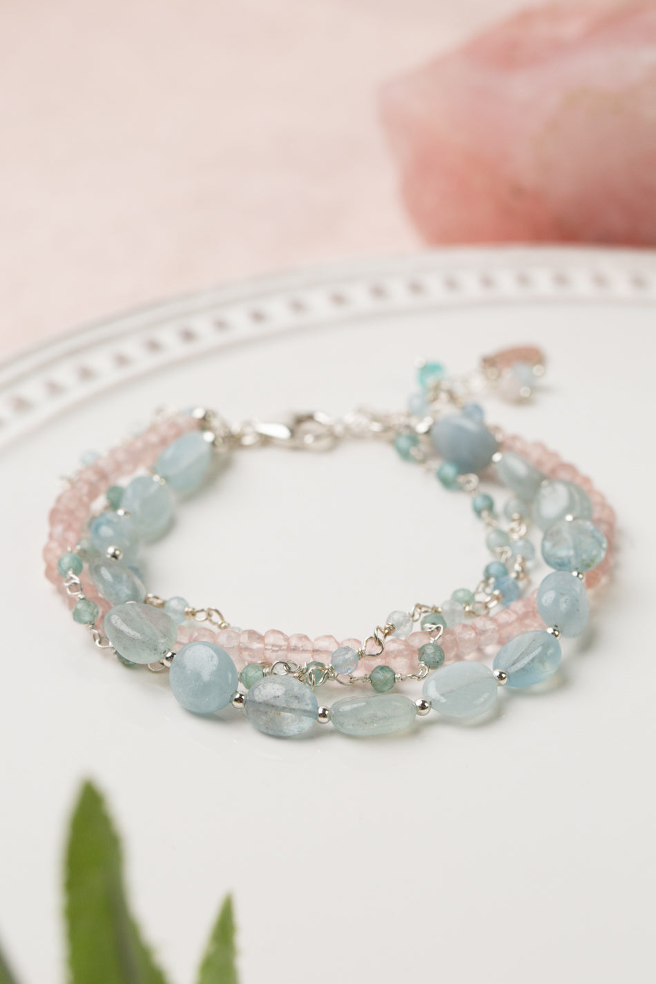 Fae 7-8" Aquamarine, Rose Quartz, Apatite Multistrand Bracelet