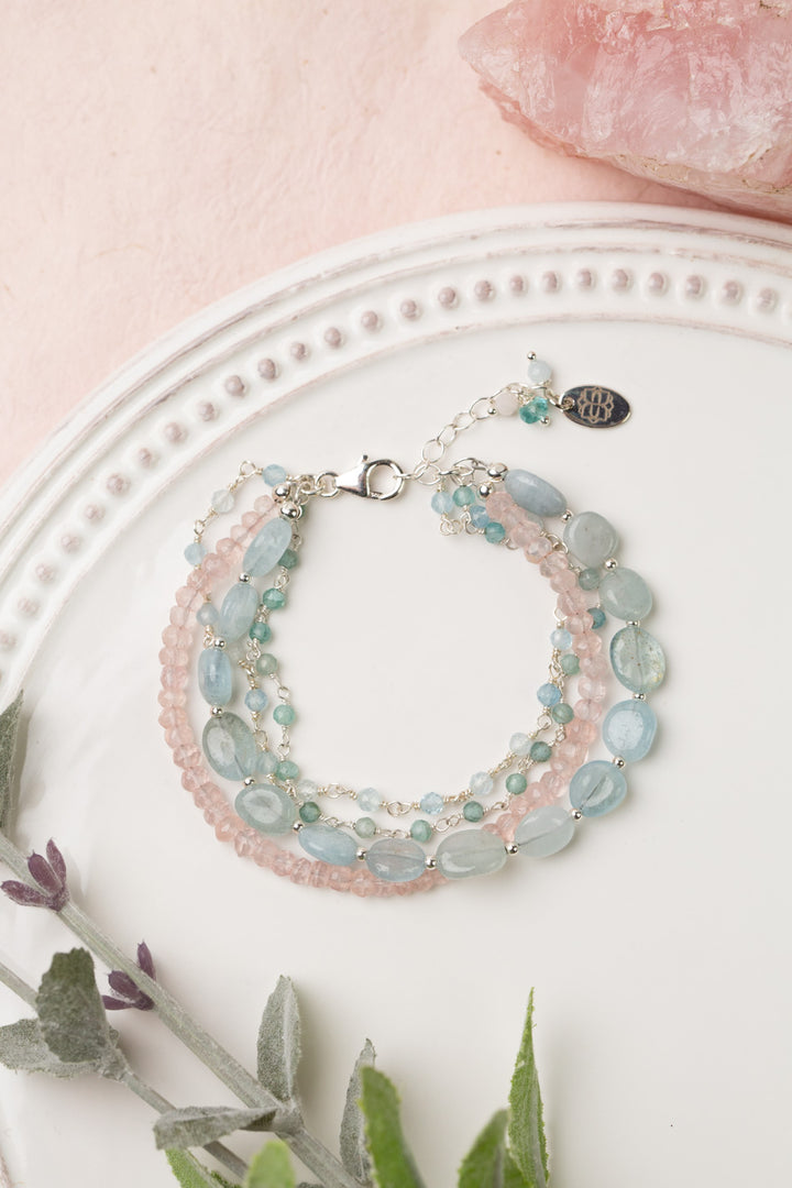 Fae 7-8" Aquamarine, Rose Quartz, Apatite Multistrand Bracelet