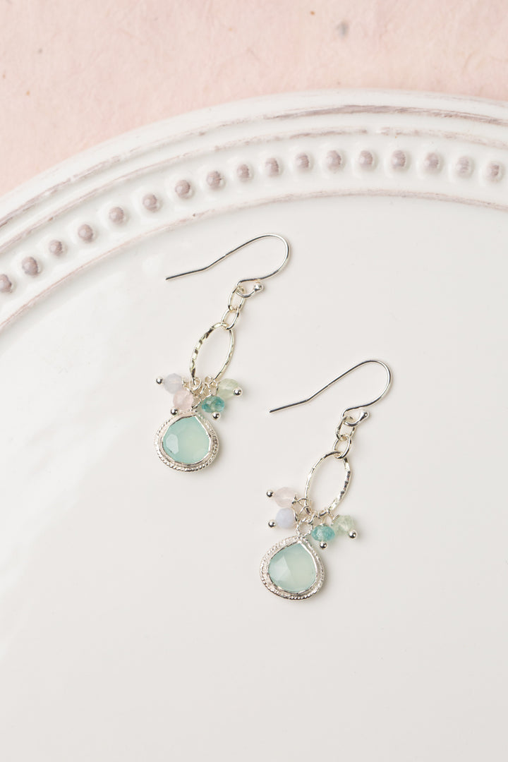 Fae Aquamarine Teadrop With Blue Apatite, Rose Quartz, Moonstone And Blue Lace Chalcedony Cluster Earrings