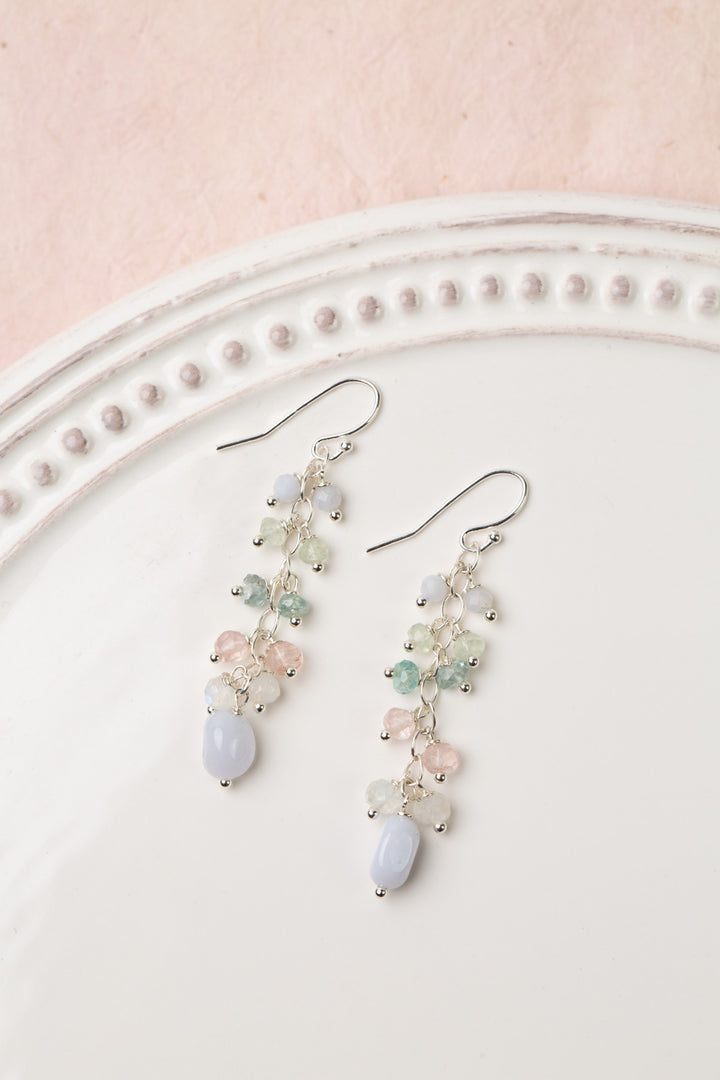 Fae Rose Quartz, Blue Apatite, Prehnite With Blue Lace Chalcedony Cluster Earrings