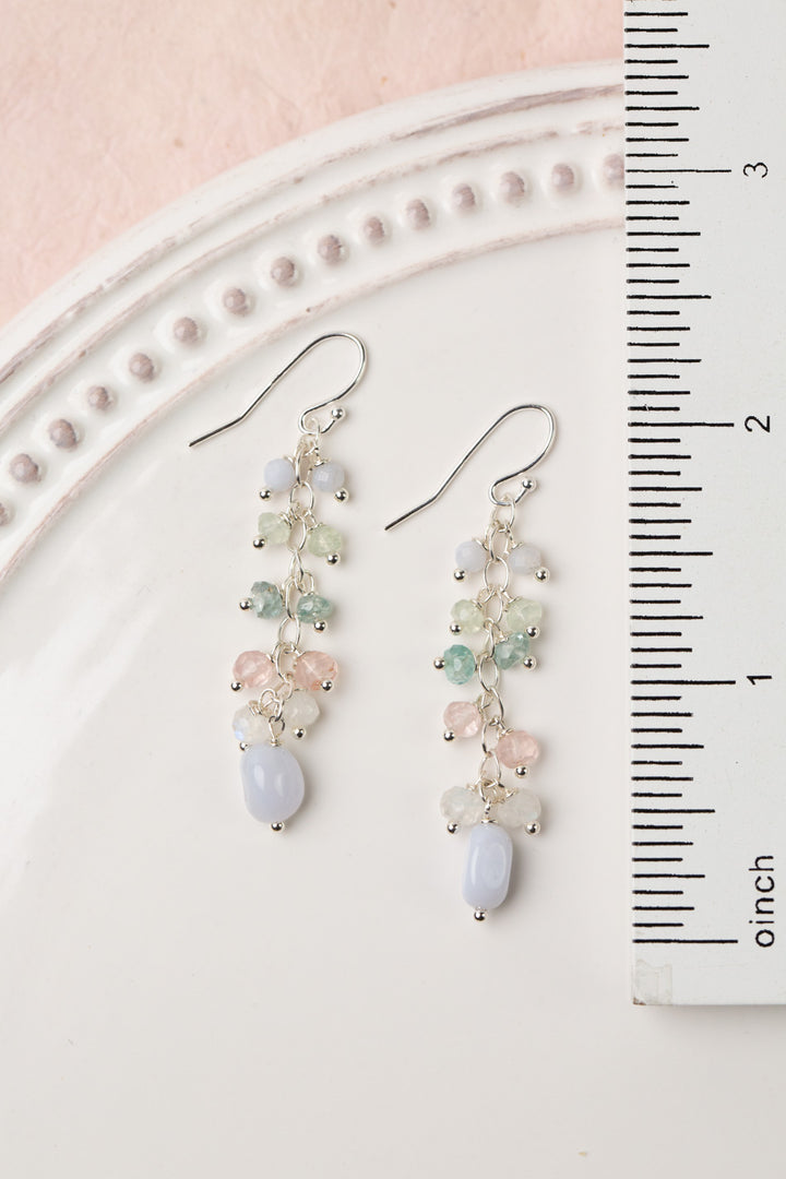 Fae Rose Quartz, Blue Apatite, Prehnite With Blue Lace Chalcedony Cluster Earrings