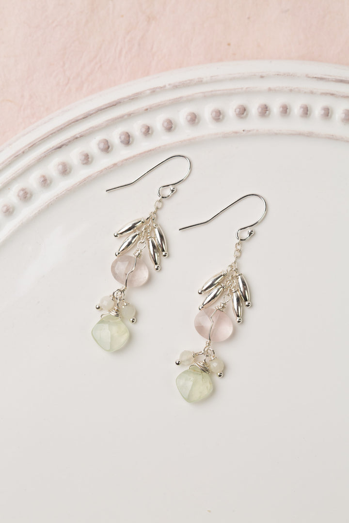 Fae Faceted Prehnite With Faceted Rose Quartz And Sterling Silver Accent Beads Cluster Earrings