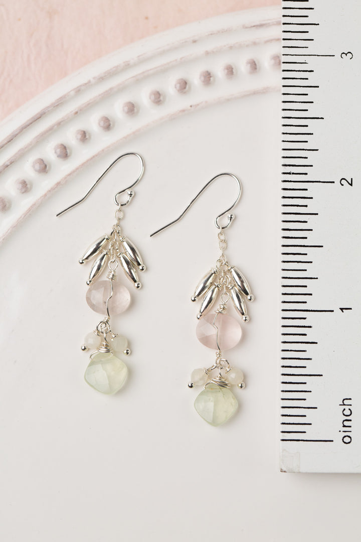 Fae Faceted Prehnite With Faceted Rose Quartz And Sterling Silver Accent Beads Cluster Earrings