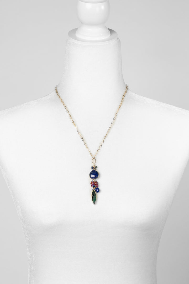 Forget Me Not 18.5-20.5" Lapis Lazuli Pendant With Cluster Of Fuchsia Jade, Red Jasper, And Emerald Cluster Necklace