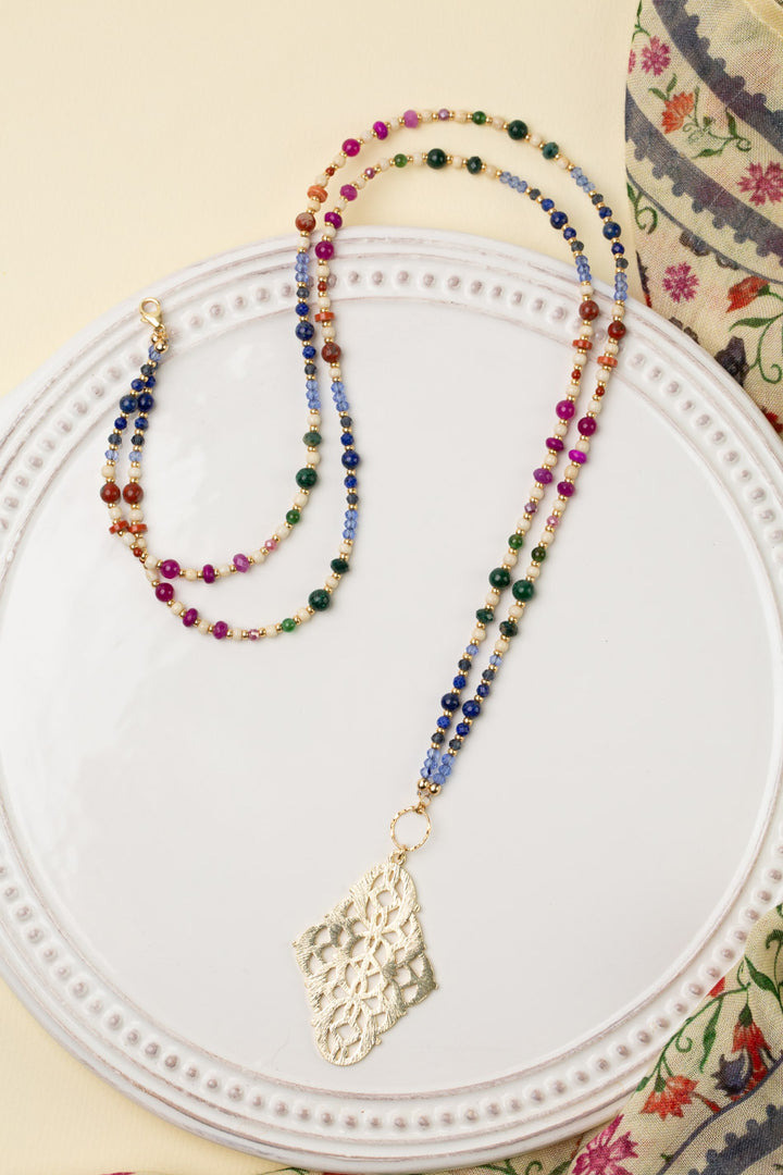 Forget Me Not 16 or 32.75" Lapis Lazuli, Red Jasper, Fuchsia Jade With Brushed Gold Plated Bohemian Pendant Collage Necklace