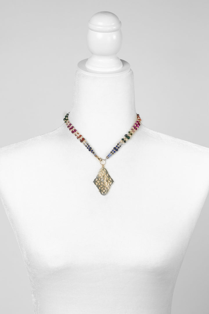 Forget Me Not 16 or 32.75" Lapis Lazuli, Red Jasper, Fuchsia Jade With Brushed Gold Plated Bohemian Pendant Collage Necklace