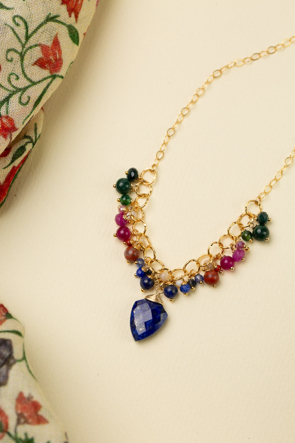 Forget Me Not 15-17" Red Jasper, Plated Ruby, Mother Of Pearl With Lapis Lazuli Briolette Cluster Necklace