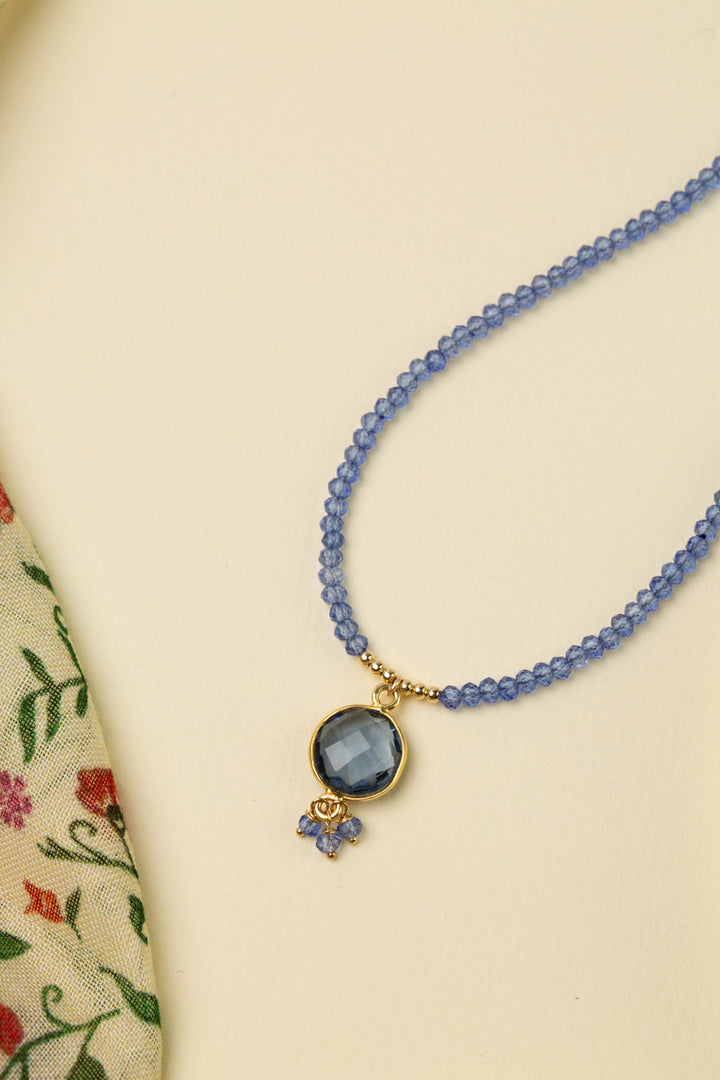 Forget Me Not 15.5-17.5" Faceted Iolite Bezel With Crystal Dangles Simple Necklace