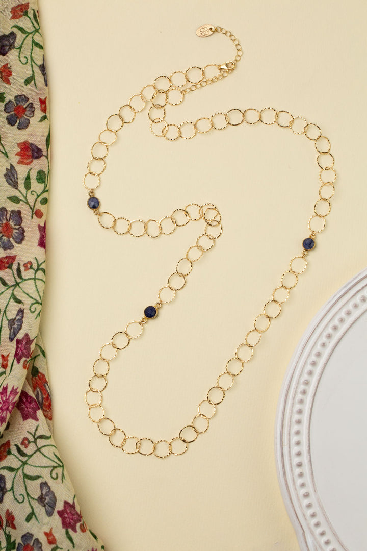 Forget Me Not 29-31" Hammered Chain With Faceted Blue Sapphire Bezels Simple Necklace