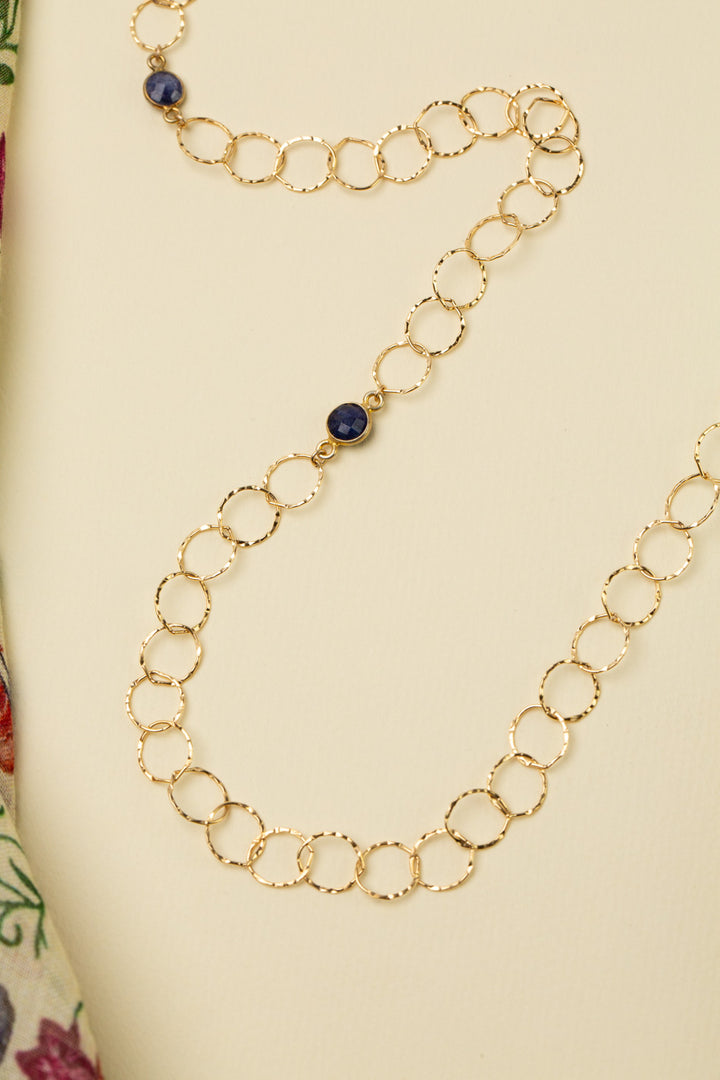 Forget Me Not 29-31" Hammered Chain With Faceted Blue Sapphire Bezels Simple Necklace