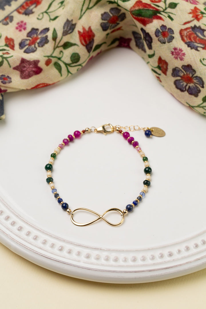 Forget Me Not 7.5-8.5" Red Jasper, Fuschia Jade, Lapis Lazuli With 14K Gold Infinity Symbol Collage Bracelet