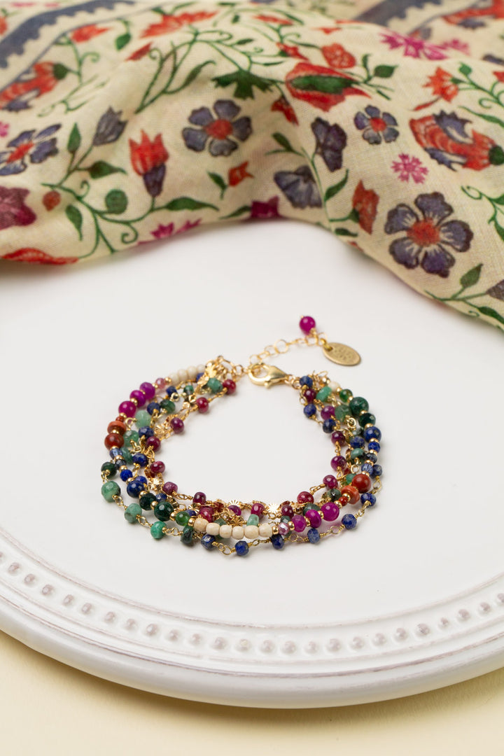 Forget Me Not 7.5-8.5" Red Jasper, Fuchsia Jade, Lapis Lazuli, Emerald, Ruby Multistrand Bracelet