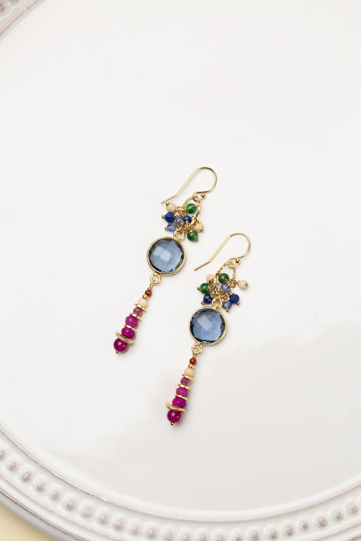 Forget Me Not Faceted Iolite With Lapis Lazuli Cluster And Fuchsia Jade Cluster Earrings