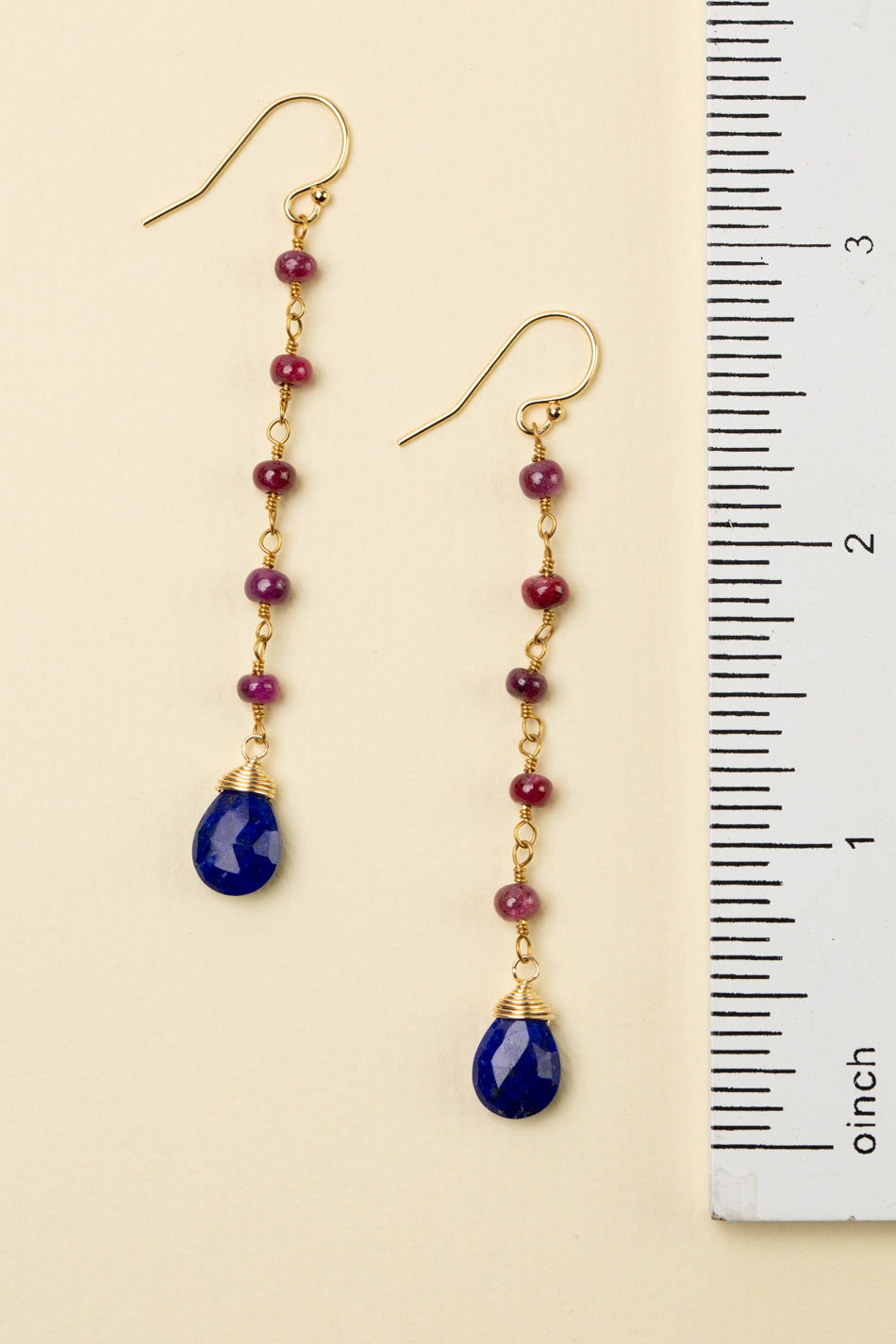 Forget Me Not Ruby With Faceted Wire Wrapped Lapis Teardrop Briolette Dangle Earrings