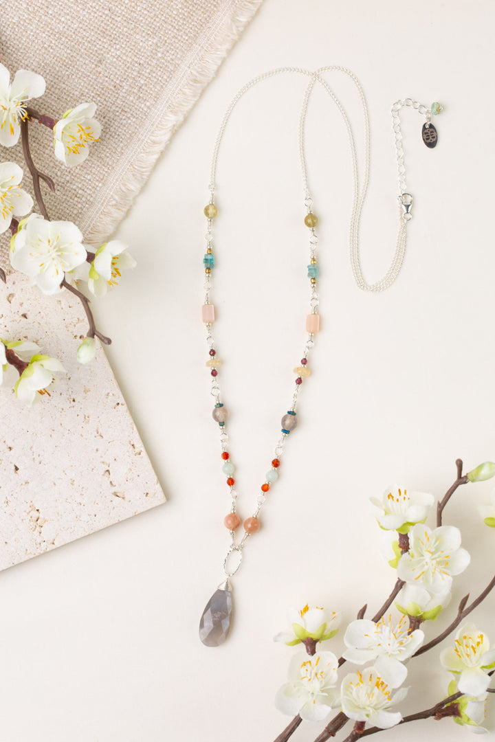 Gentle Breeze 26.5-28.5" Grey Moonstone, Carnelian, Peach Moonstone Statement Necklace