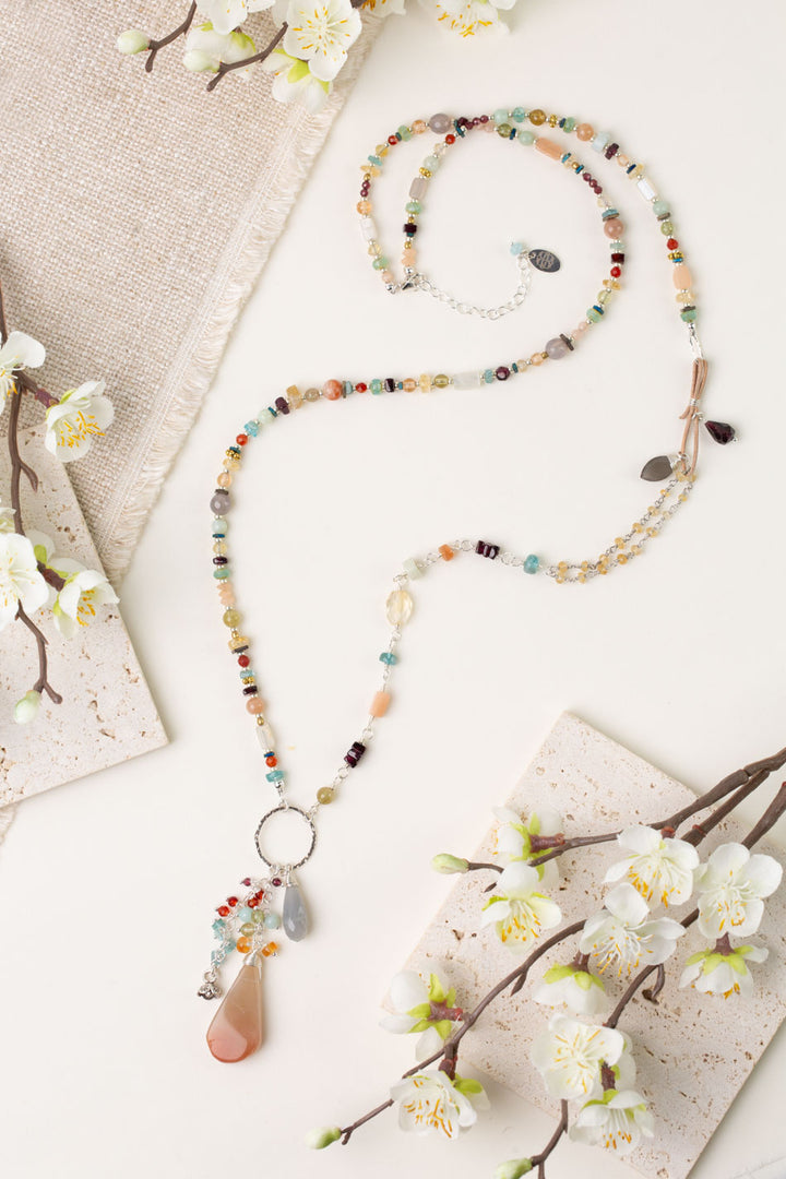 Gentle Breeze 31-33" Peach Moonstone, Carnelian, Apatite Collage Necklace