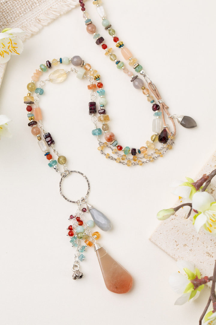 Gentle Breeze 31-33" Peach Moonstone, Carnelian, Apatite Collage Necklace
