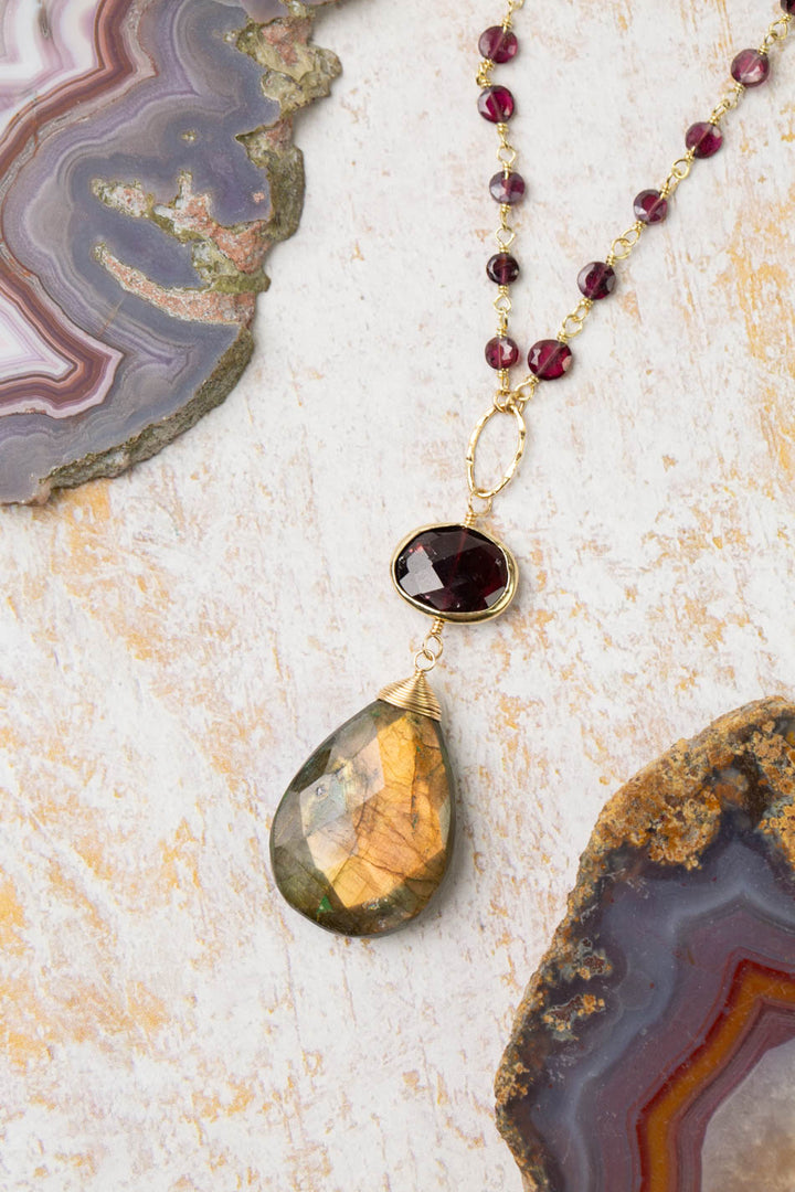 Holly 24.5-26.5" Labradorite Bezel With Garnet Statement Necklace