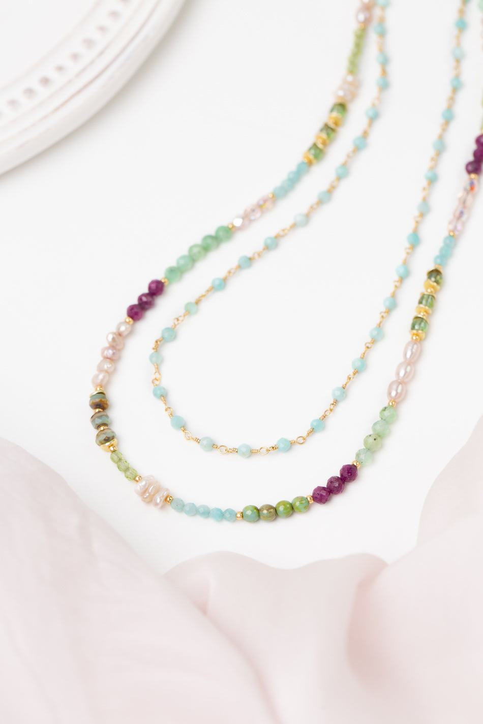 Hope 22.5-24.5" Ruby, Pearl, Amazonite Multistrand Necklace