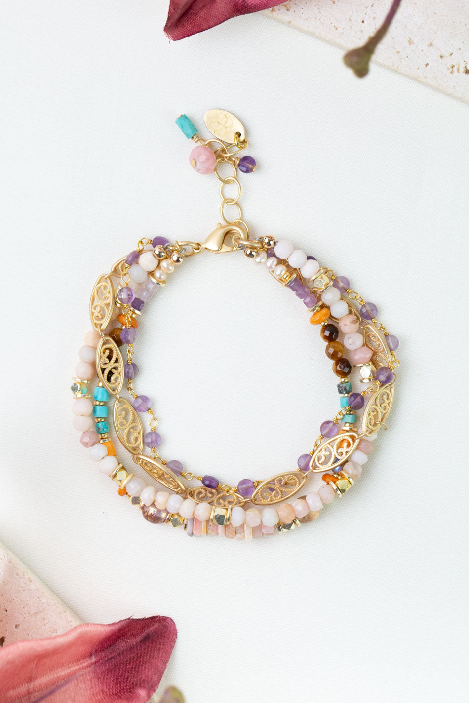 Joy 7.5-8.5" Pink Opal, Amethyst, Turquoise Multistrand Bracelet