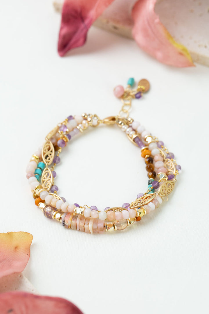 Joy 7.5-8.5" Pink Opal, Amethyst, Turquoise Multistrand Bracelet