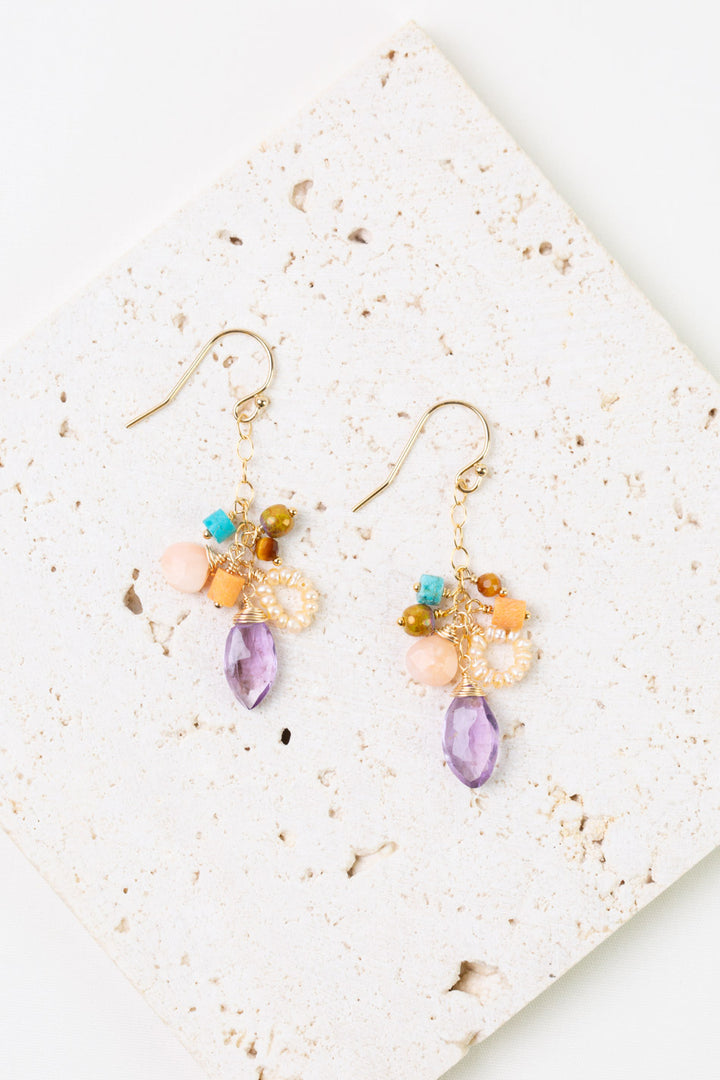 Joy Amethyst Briolette, Turquoise, Pink Opal Cluster Earrings