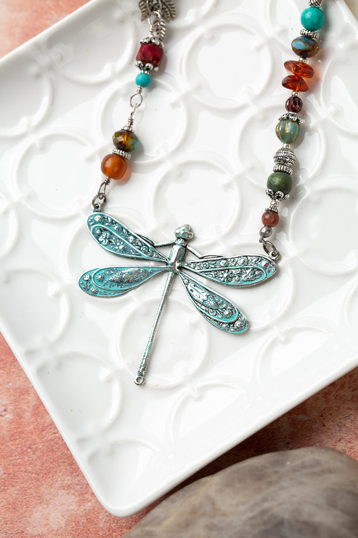 Lakeside 21-23" Jasper, Turquoise, Patina Dragonfly Focal Necklace