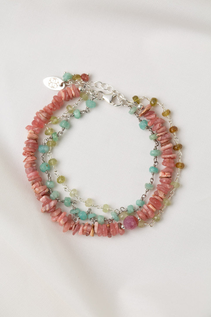 Limited Edition 7.5-8.5" Amazonite, Rhodochrosite, Grossular Green Garnet Multistrand Bracelet