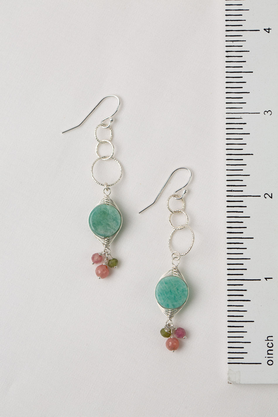 Limited Edition Grossular Green Garnet, Rhodochrosite, Pink Tourmaline With Herringbone Wrapped Amazonite Coin Herringbone Earrings