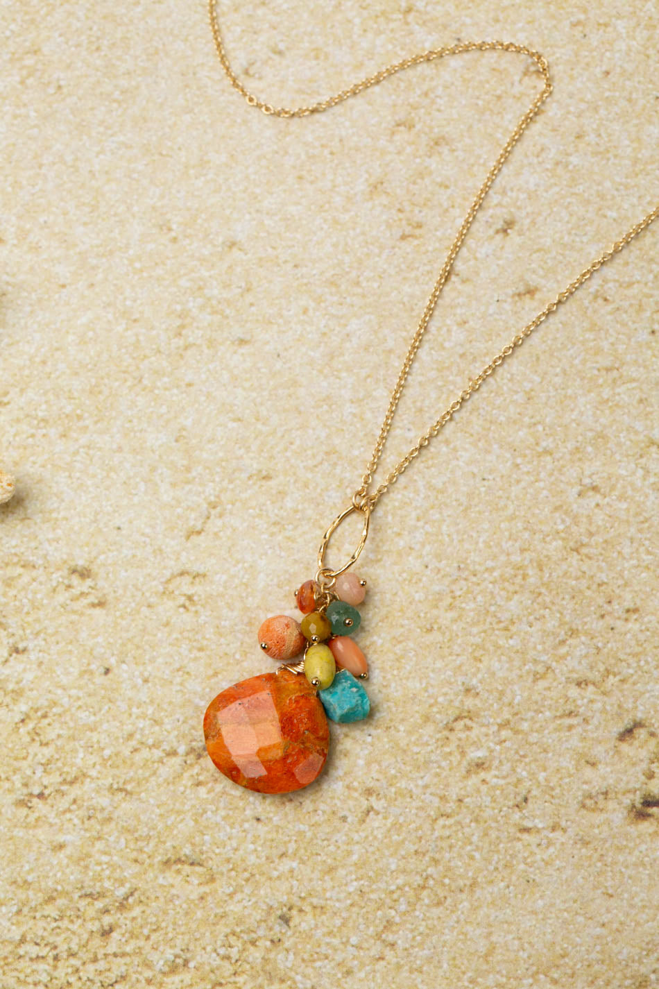 Mango Tango 16-18" Natural Orange Turquoise With Roman Glass, Carnelian, Turquoise, Jade Cluster Necklace