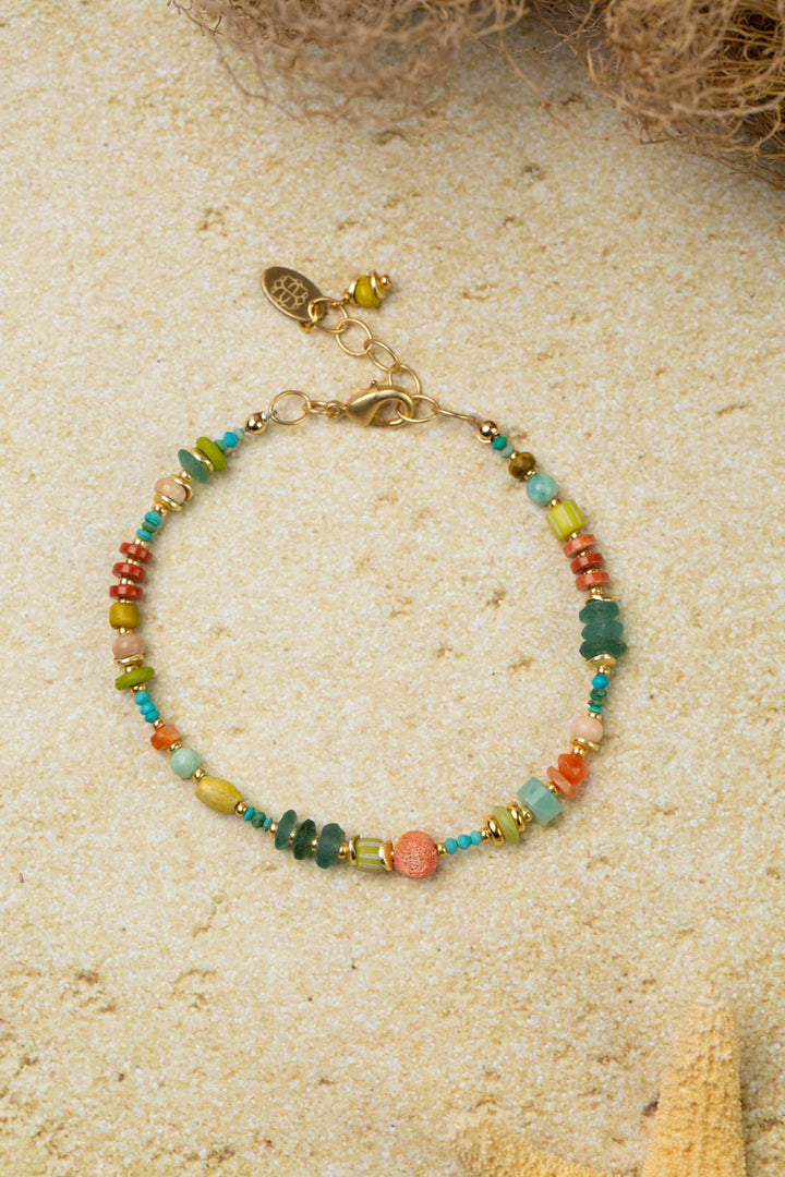 Mango Tango 7.5-8.5" Roman Glass, Red Jasper, Amazonite, Turquoise, Opal, Handmade Clay Beads Collage Bracelet