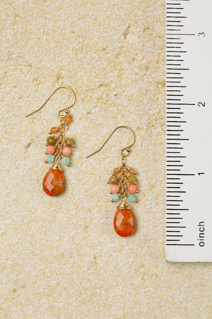 Mango Tango Amazonite, Jade With Natural Orange Turquoise Briolette Cluster Earrings