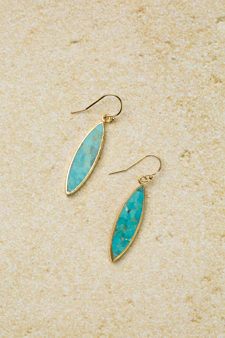 Mango Tango Gold Plated Long Marquise Shaped Turquoise Bezel Simple Earrings