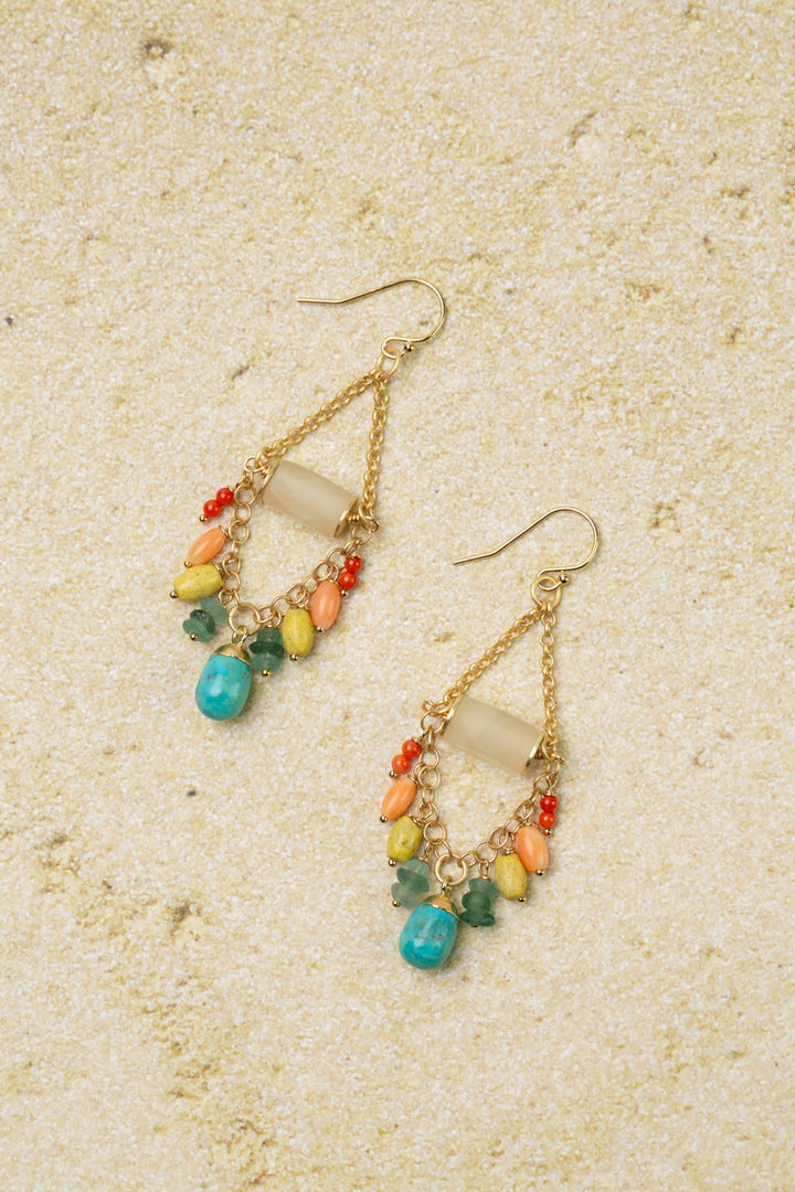 Mango Tango Matte Calcite With Roman Glass And Turquoise Dangles Statement Earrings