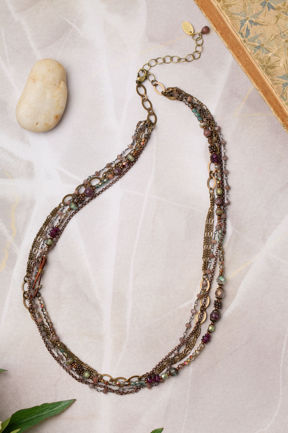 Mauve Mix 21-23" Czech Glass, Crystal, Lepidolite Quartz Multistrand Necklace