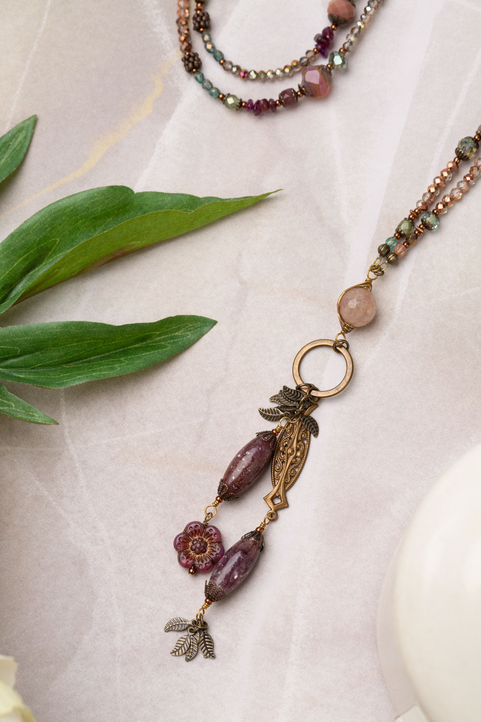 Mauve Mix 32.5 Peach Moonstone, Lepidolite, Czech Glass Lariat Necklace