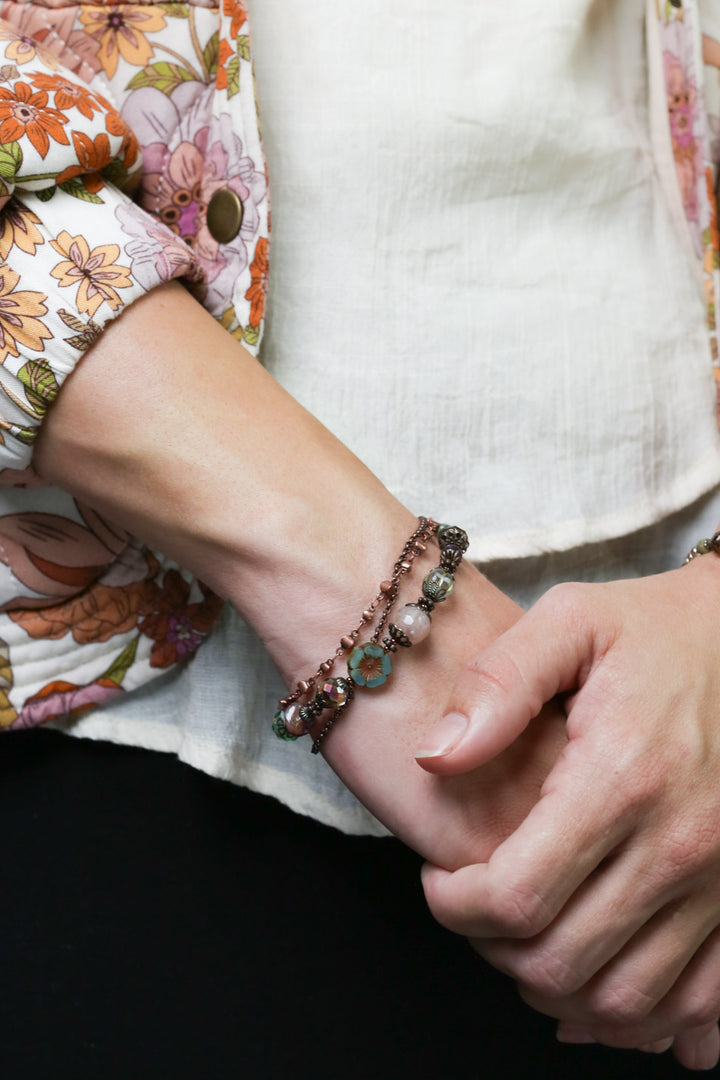 Mauve Mix 7.5-8.5" Czech Glass, Druzy, Lepidolite Quartz, Multistrand Bracelet