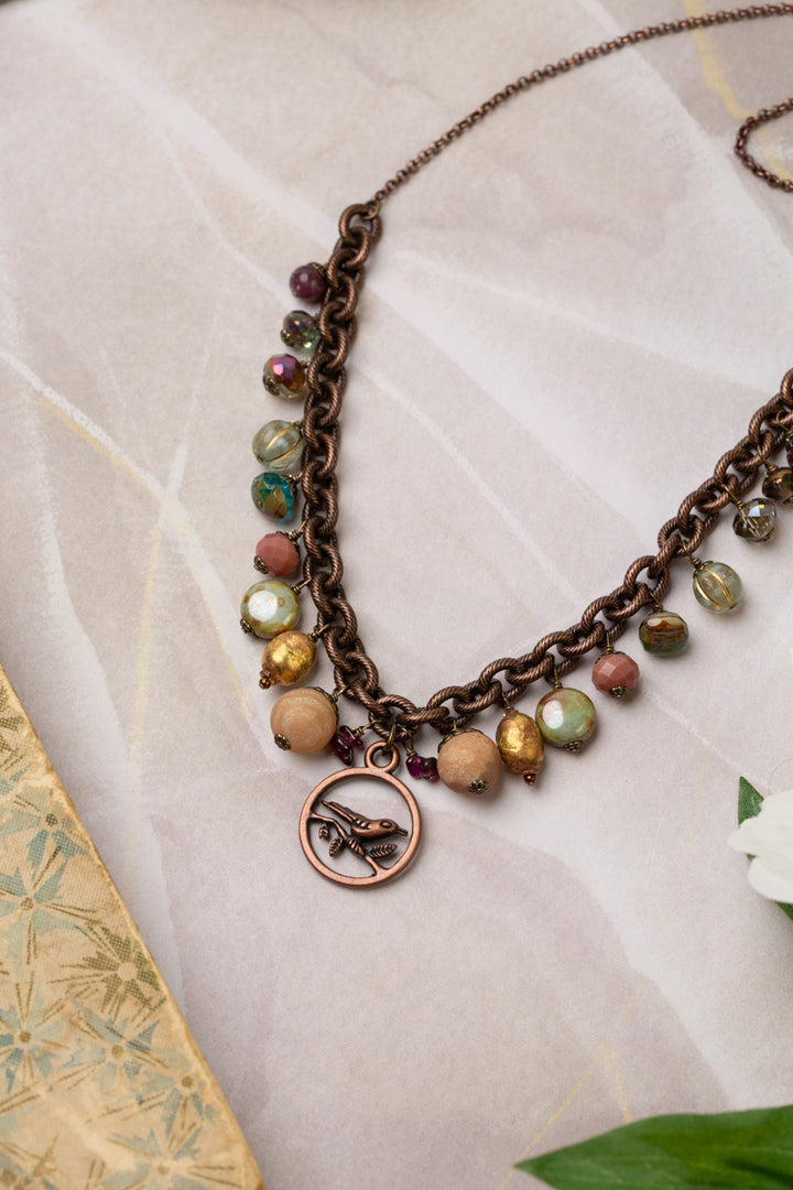 Mauve Mix 17-19" Druzy Agate, Czech Glass, Garnet, Lepidolite With Copper Plated Brass Bird On Tree Limb Statement Necklace