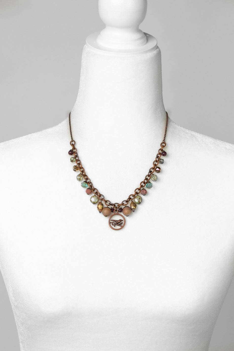 Mauve Mix 17-19" Druzy Agate, Czech Glass, Garnet, Lepidolite With Copper Plated Brass Bird On Tree Limb Statement Necklace