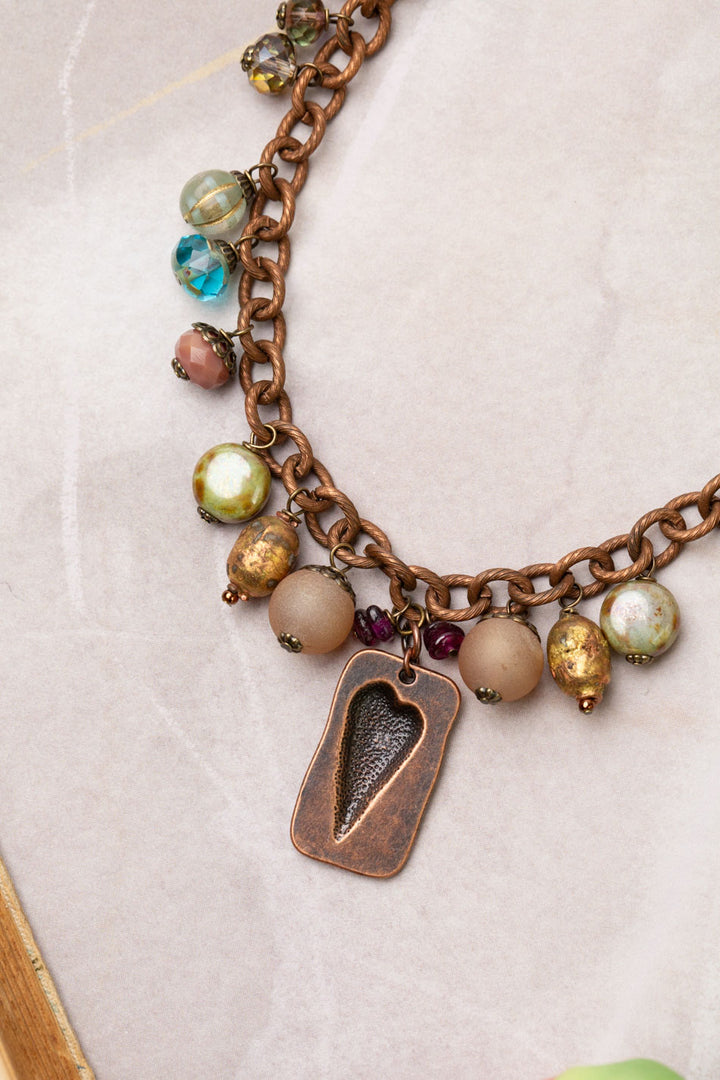 Mauve Mix 17-19" Druzy Agate, Czech Glass, Garnet, Lepidolite With Copper Plated Brass Heart Pendant Statement Necklace