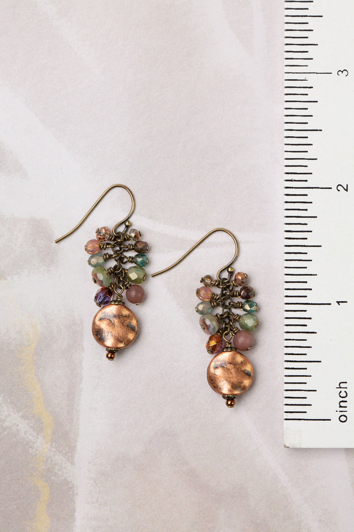 Mauve Mix Czech Glass, Strawberry Quartz With Hammered Copper Coin Cluster Earrings