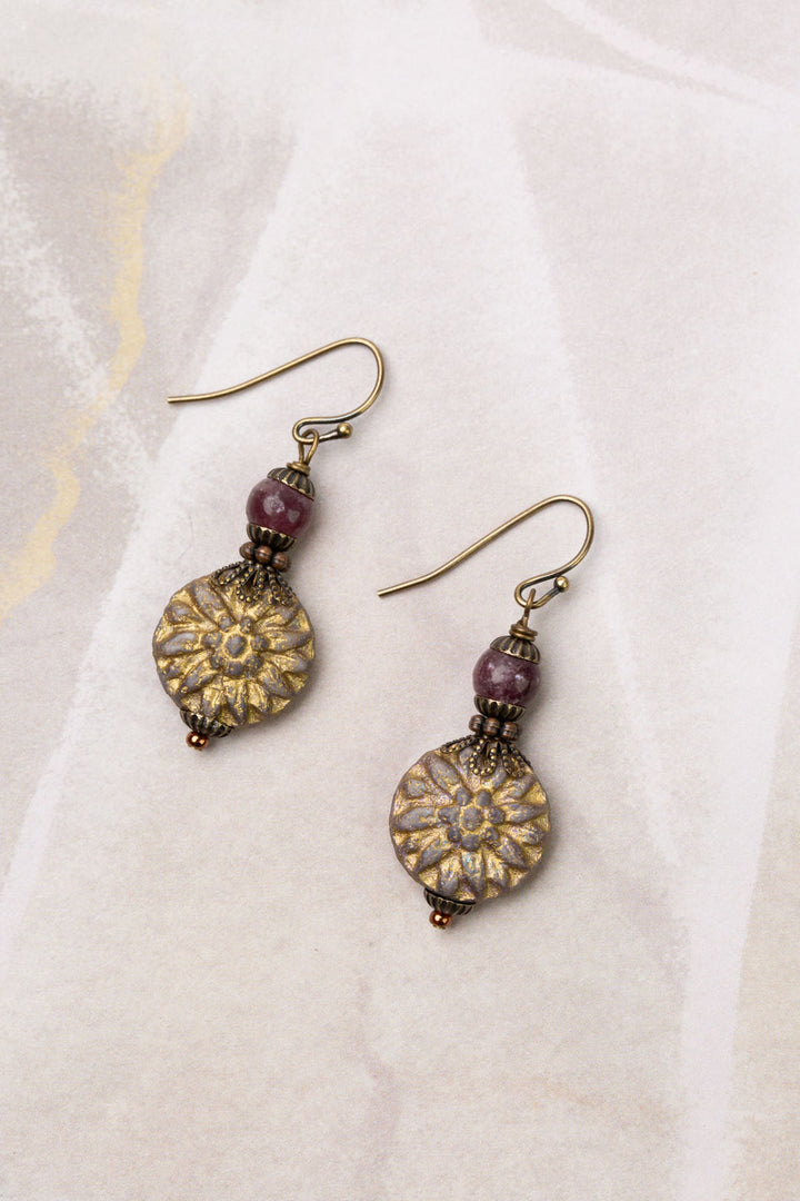 Mauve Mix Lepidolite With Czech Glass Etched Flower Simple Earrings