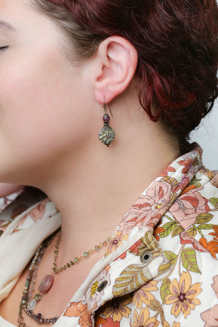 Mauve Mix Lepidolite With Czech Glass Etched Flower Simple Earrings