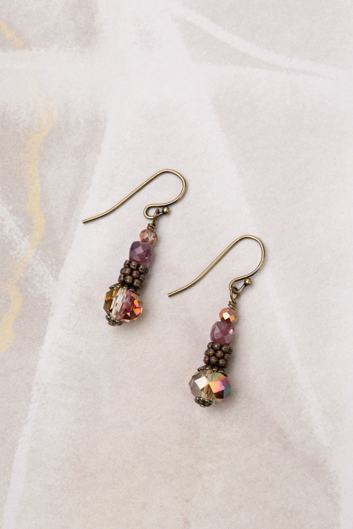 Mauve Mix Faceted Lepidolite Cube, Antique Copper With Plated Crystal Simple Earrings